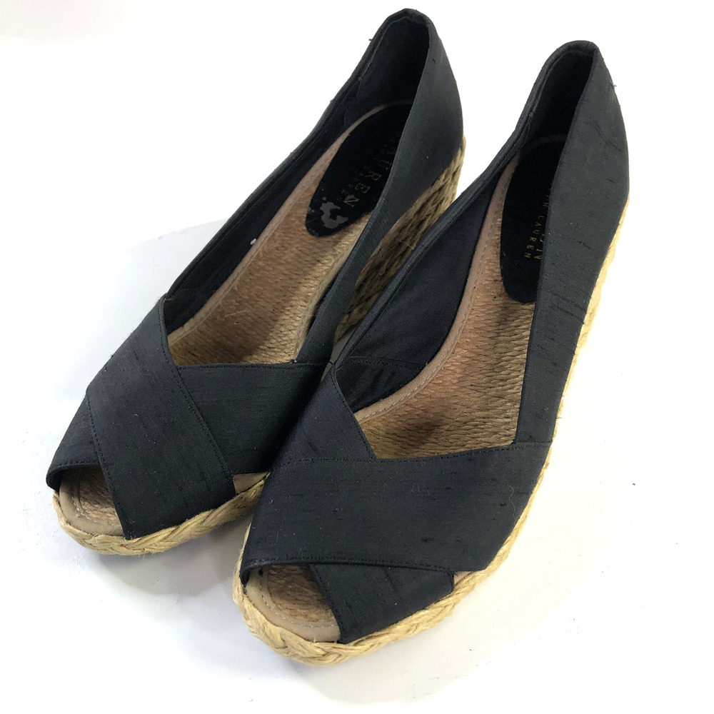 Lauren Ralph Lauren Cecilia Rope Wedge Espadrilles Black Linen Upper Womens 8.5B